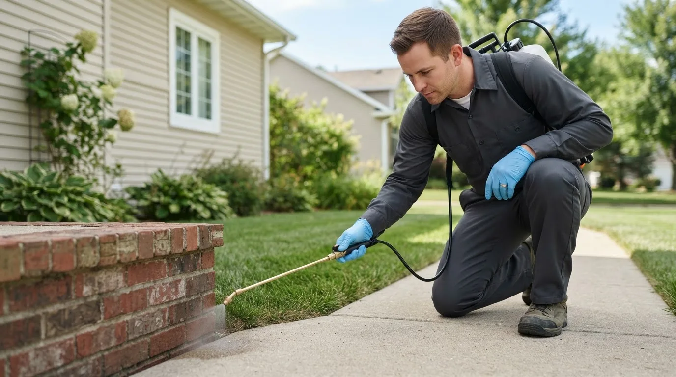 Pest control technician treating a home near Tennyson, TX